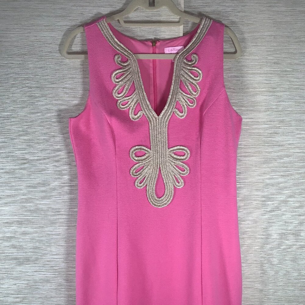 Lilly Pulitzer Janice Shift Dress Pink/Gold Sleeveless Preppy Party Size Large
